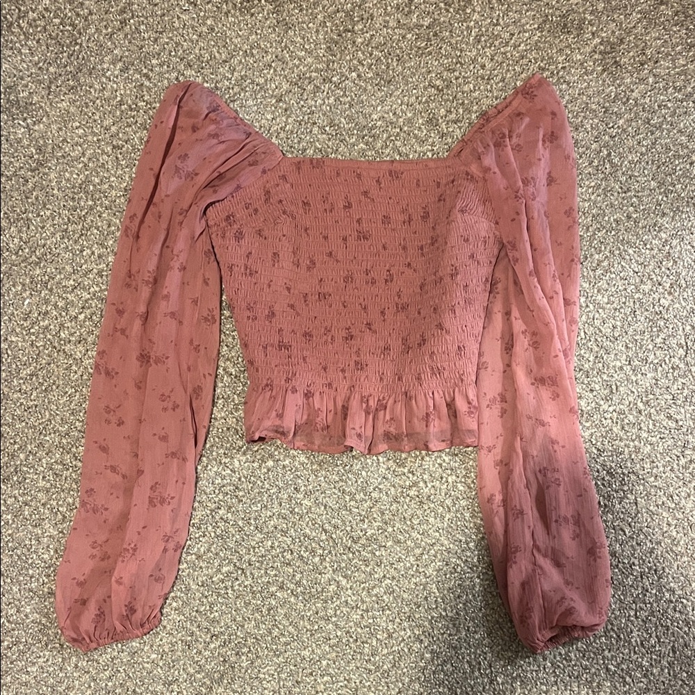 Hollister Smocked Long-Sleeve Square Neck Top - Dusty Rose